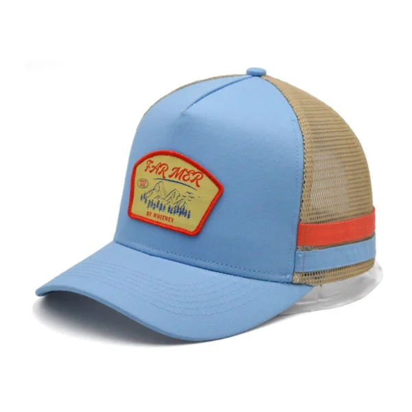 OEM High Profile Structured Crown  Australia Custom Trucker Cap Hat With 2 Side Stripe 5 Panel - Image 4