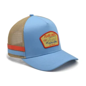 OEM High Profile Structured Crown  Australia Custom Trucker Cap Hat With 2 Side Stripe 5 Panel